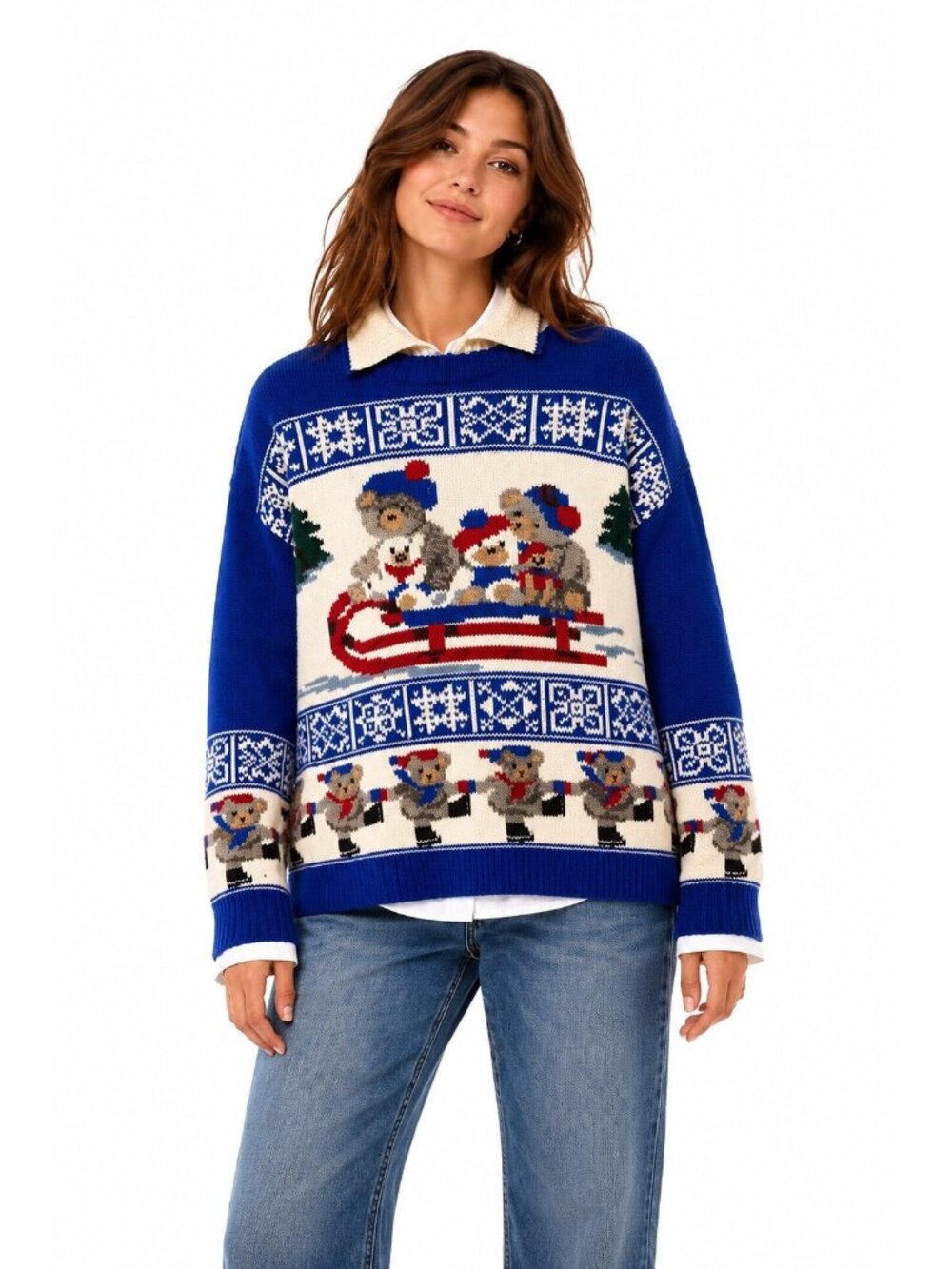 vintage SOUTH WOOL hand knit wool sweater L teddy bear ski winter novelty womens